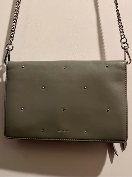 AllSaints Grey Leather Wallet on Chain Crossbody Bag Studded Minimal - Picture 1 of 6